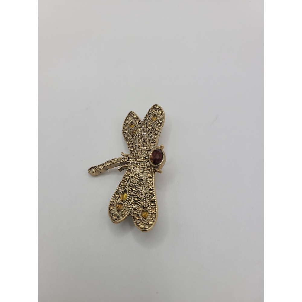 Vintage Monet Dragonfly Brooch Gold Tone Amber Rhinestone Insect Figural Pin Sig - Picture 6 of 12